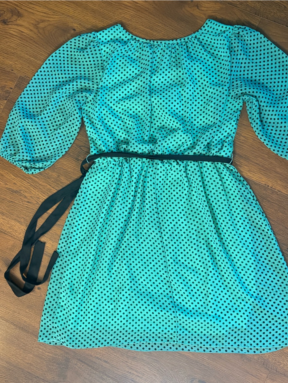 Sweet Storm Teal Polka Dot Dress with Black Sash - Picture 4 of 5